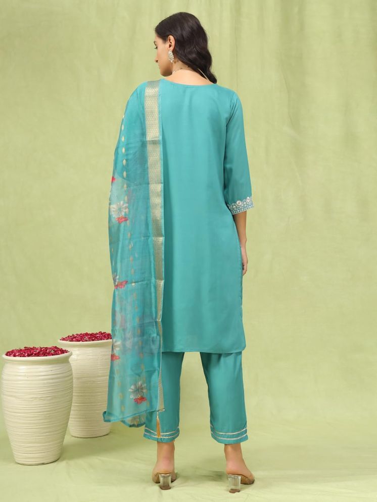 Sky Blue Embroidered Straight Kurta & Trousers With Dupatta