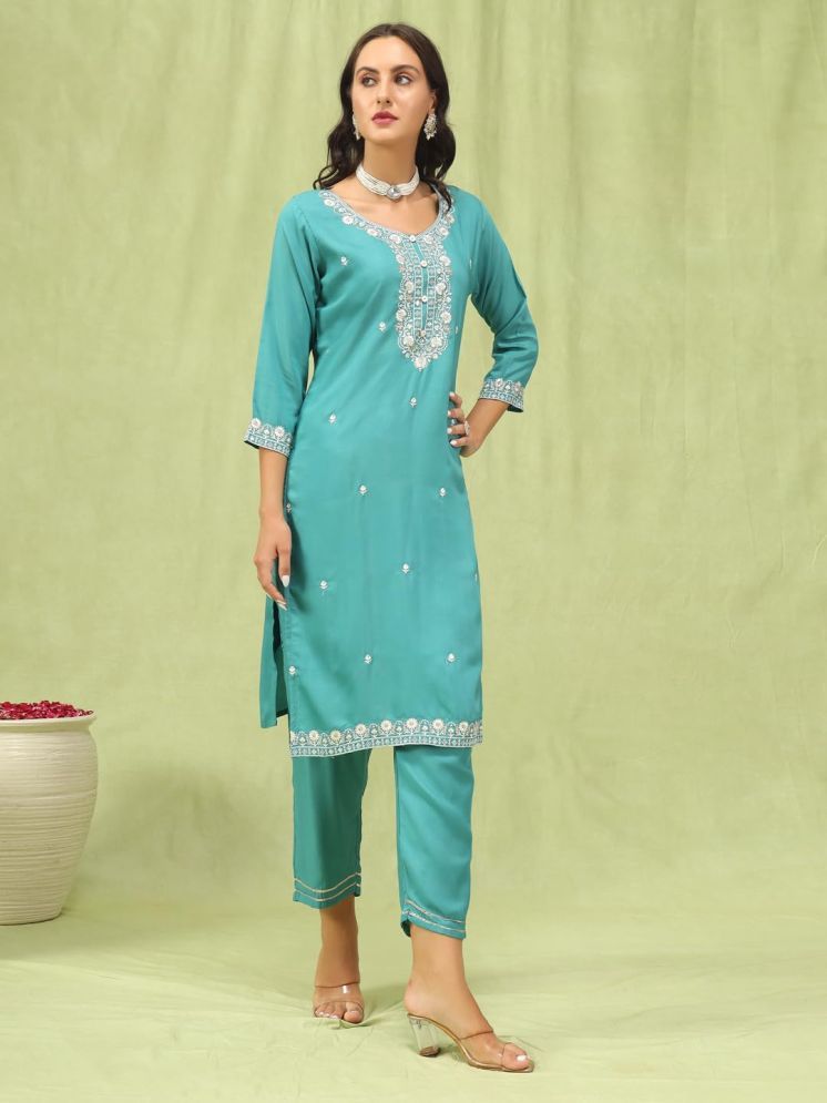 Sky Blue Embroidered Straight Kurta & Trousers With Dupatta
