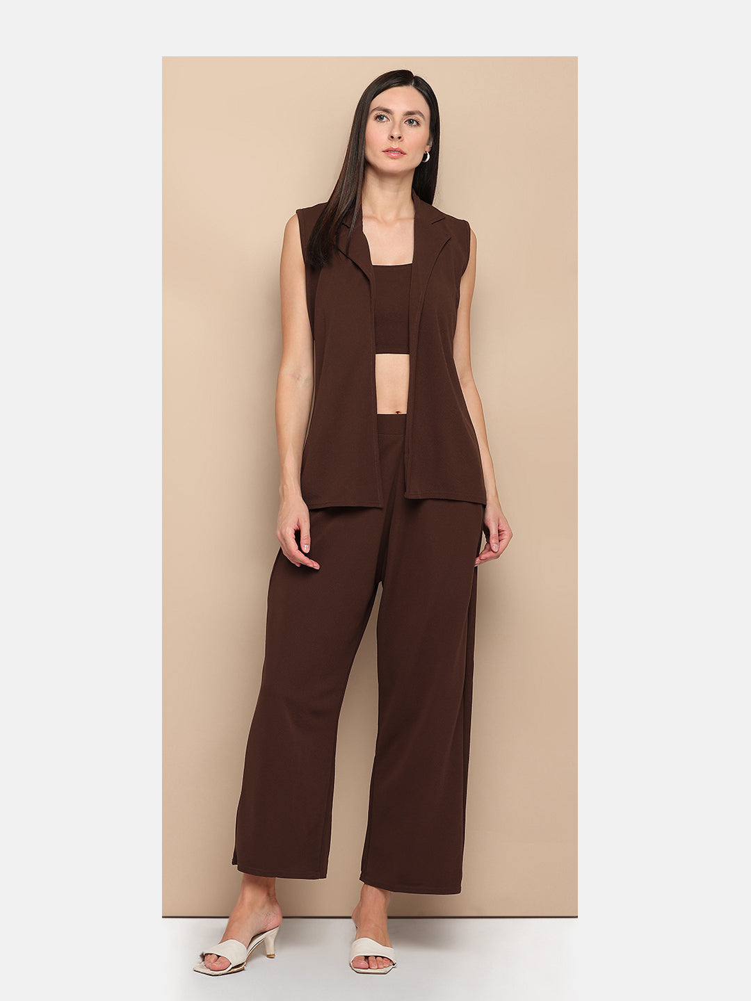 Women’s Solid Brown 3-Piece Co-ord Set – Sleeveless Vest, Crop Top & Pants
