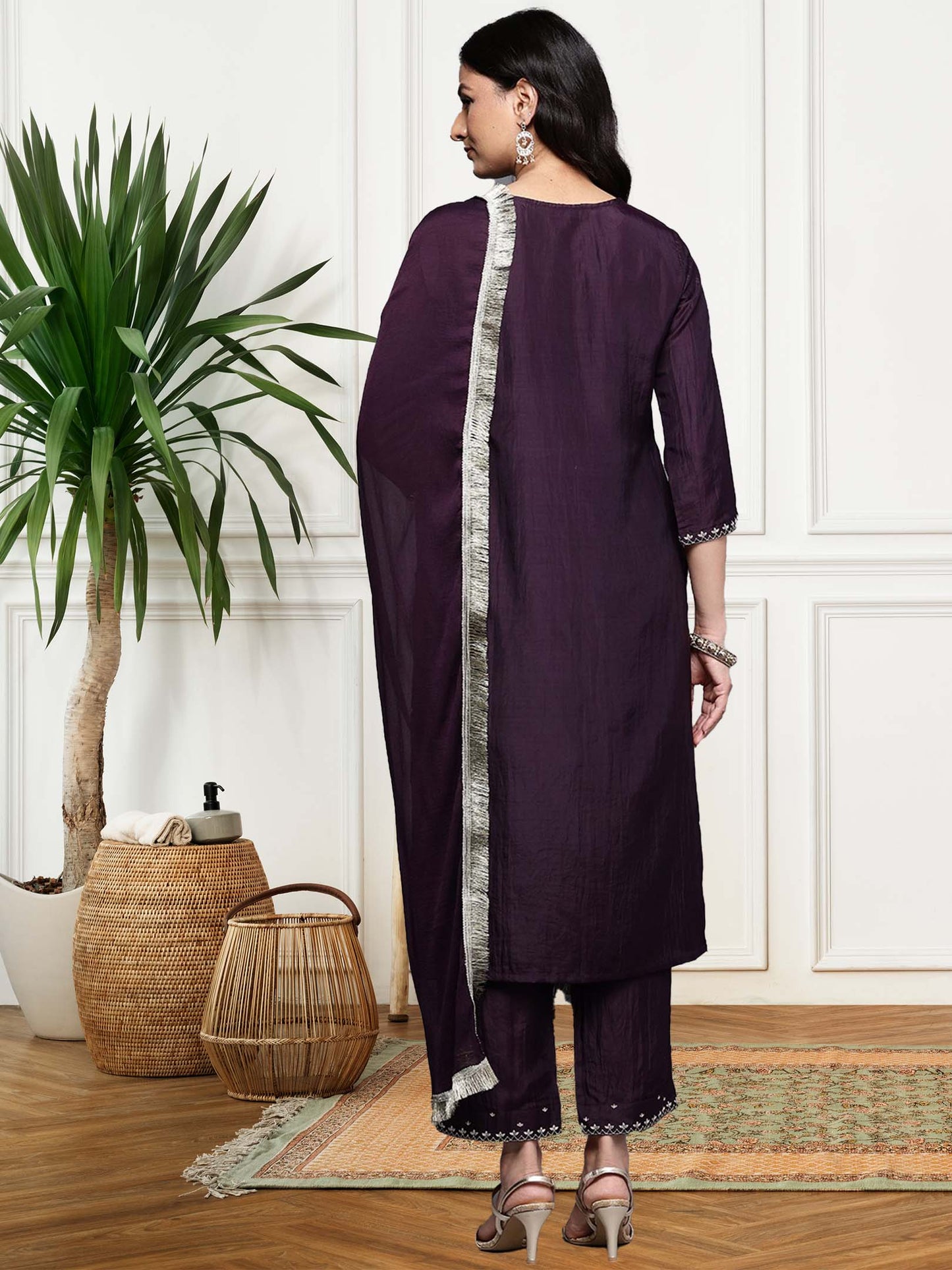 Wine Embroidered Straight Kurta Paired With Bottom And Dupatta