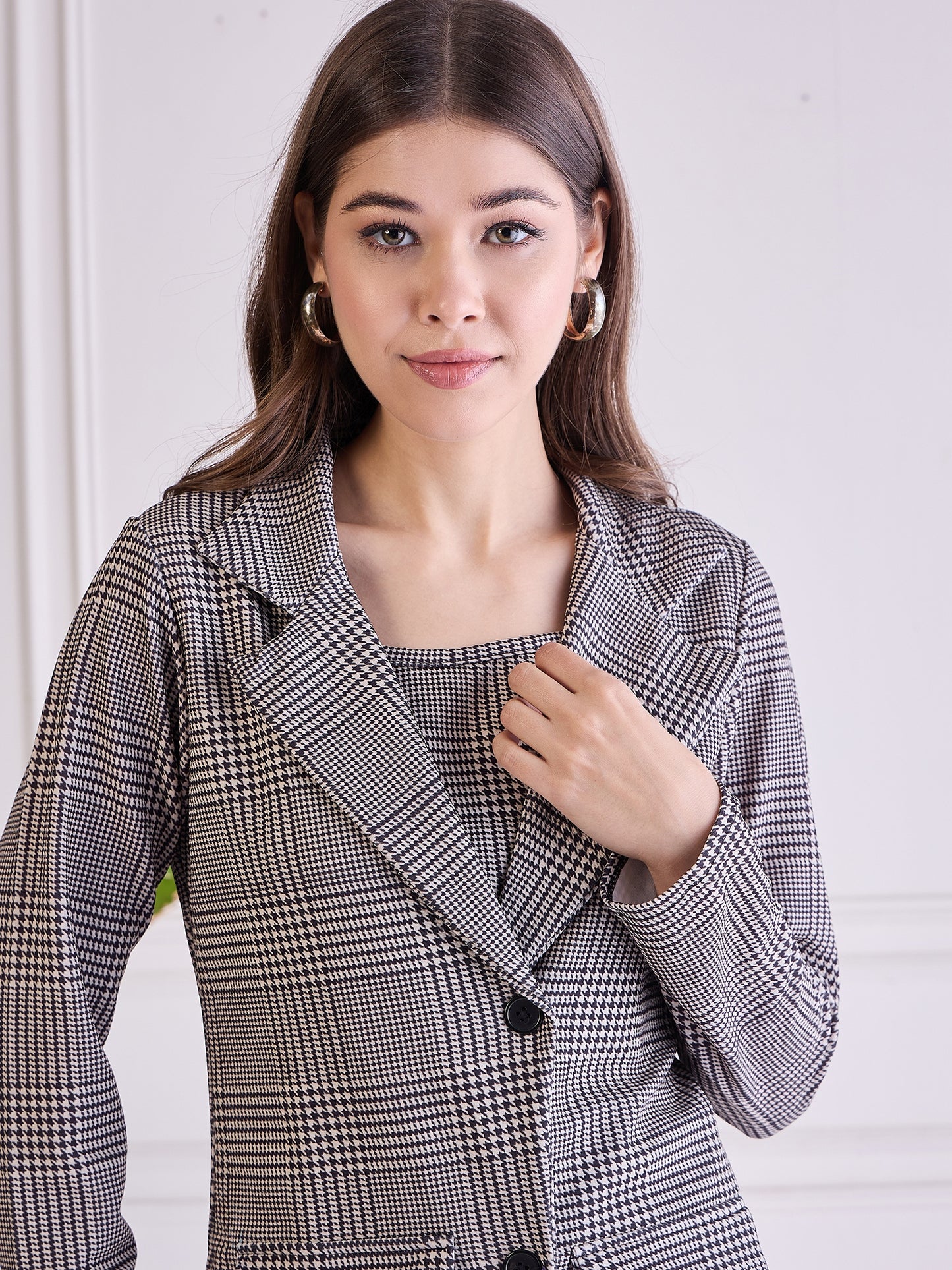 Women’s Gray&White Checkered Co-ord Blazer ,Top & Skirt Set
