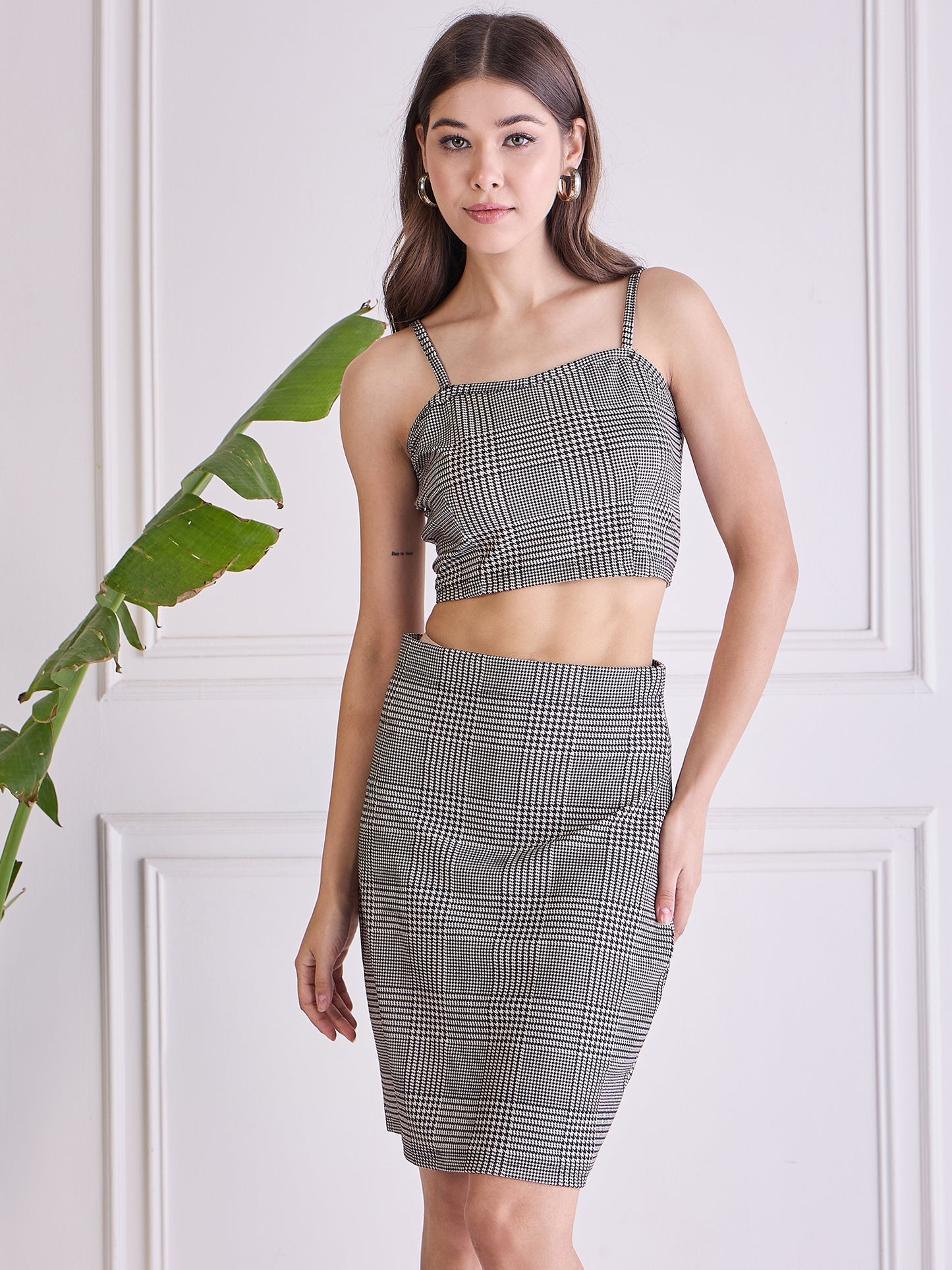 Women’s Gray&White Checkered Co-ord Blazer ,Top & Skirt Set