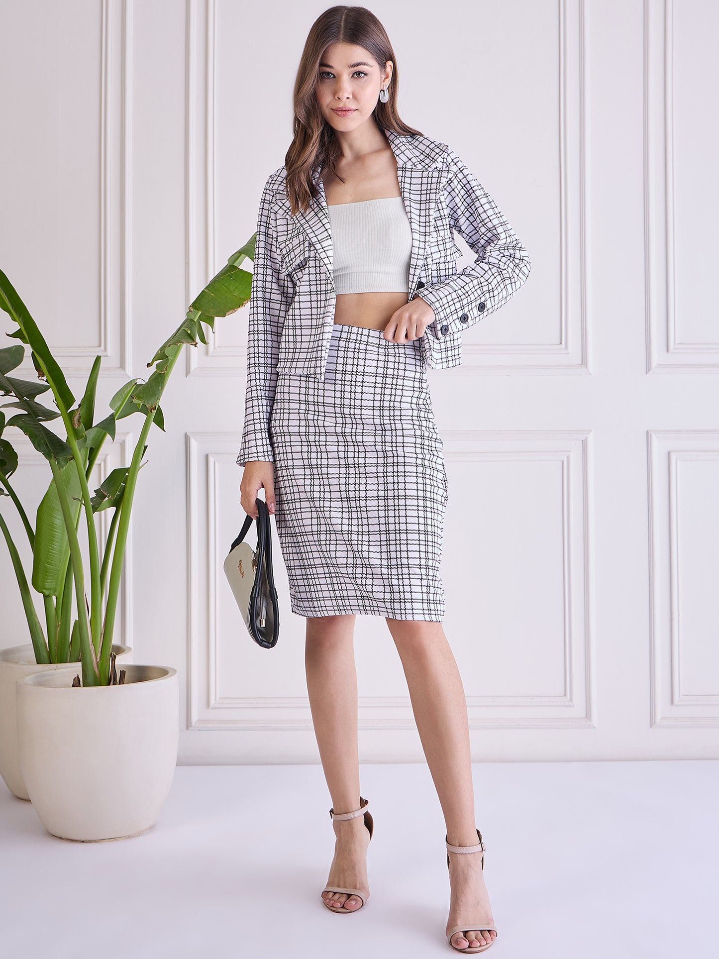 Women’s Black & White Checkered Co-ord Set – Stylish Top & Skirt