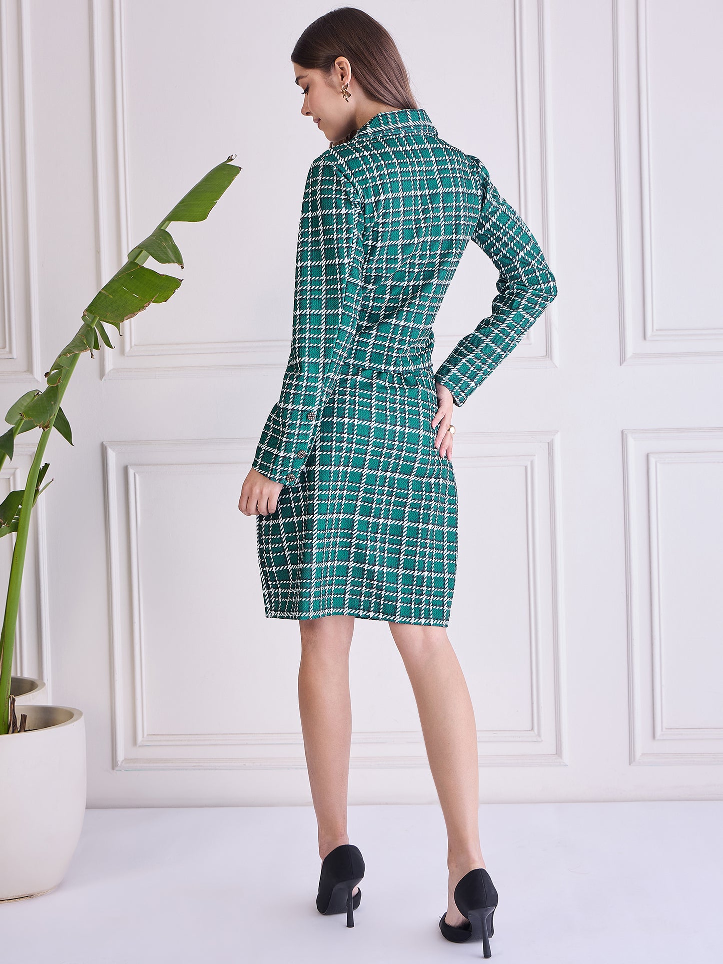Women’s Green&White Checkered Co-ord Set – Stylish Top & Skirt