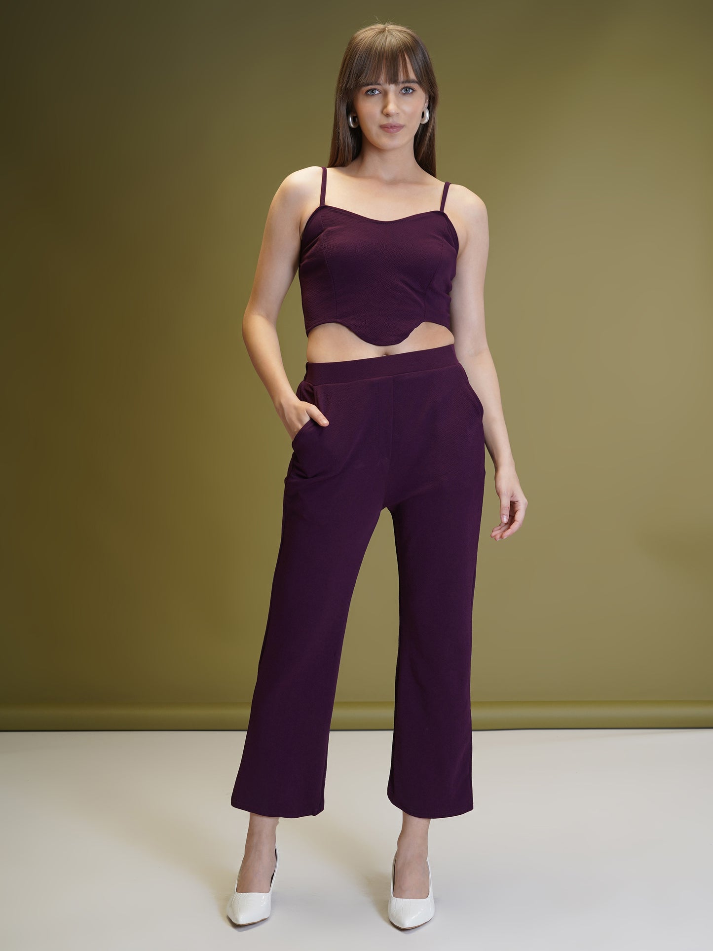 Women's Solid Purple Co-ord Set - Blazer, Crop Top & Pant
