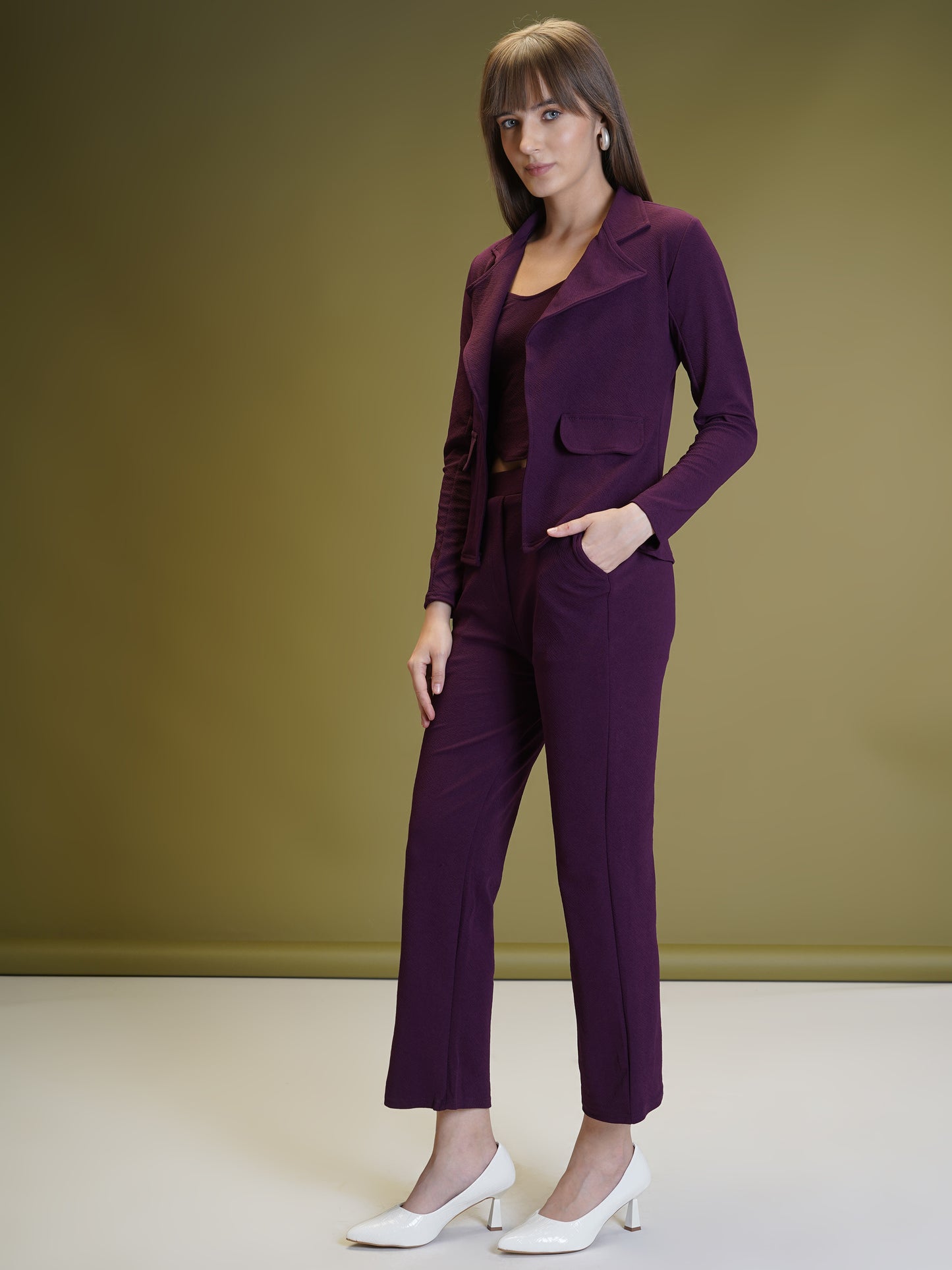Women's Solid Purple Co-ord Set - Blazer, Crop Top & Pant