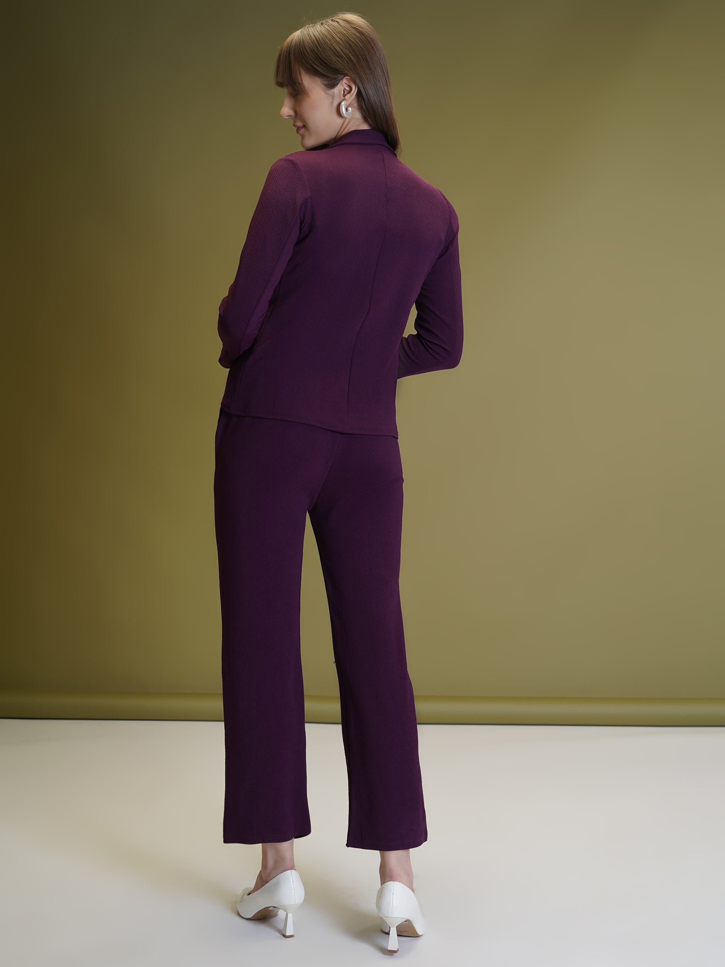 Women's Solid Purple Co-ord Set - Blazer, Crop Top & Pant