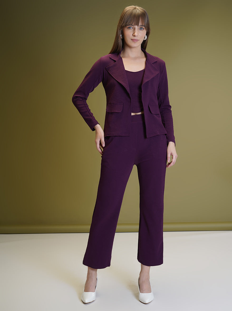 Women's Solid Purple Co-ord Set - Blazer, Crop Top & Pant