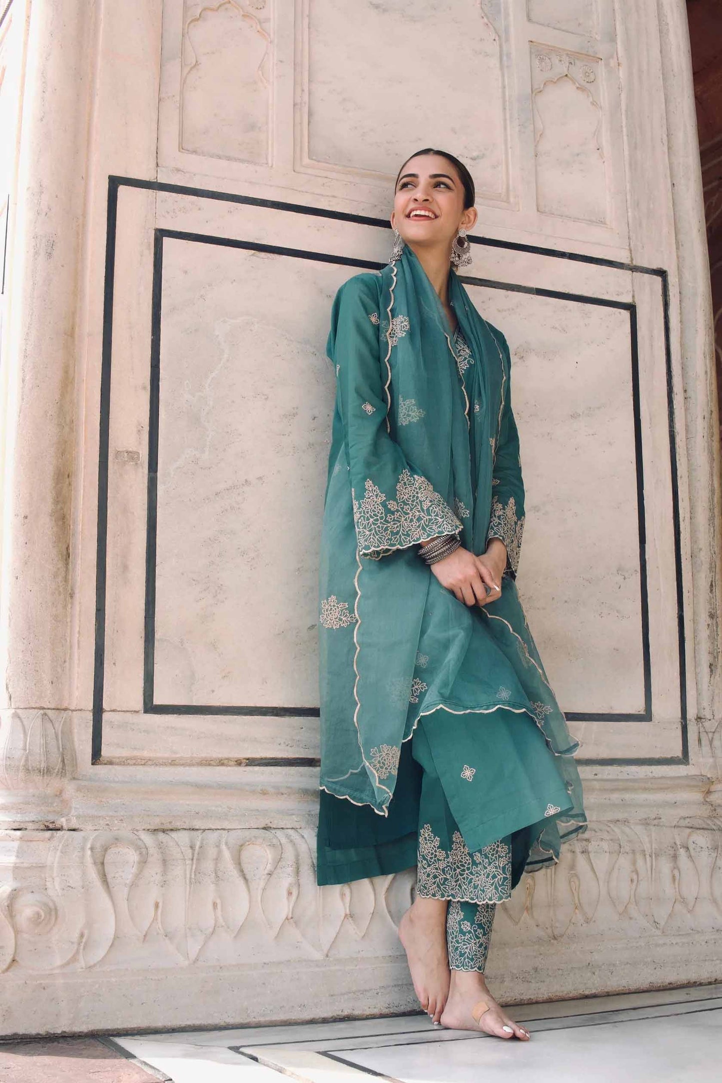 Rama Embroidered Straight Kurta Pent With Dupatta Set