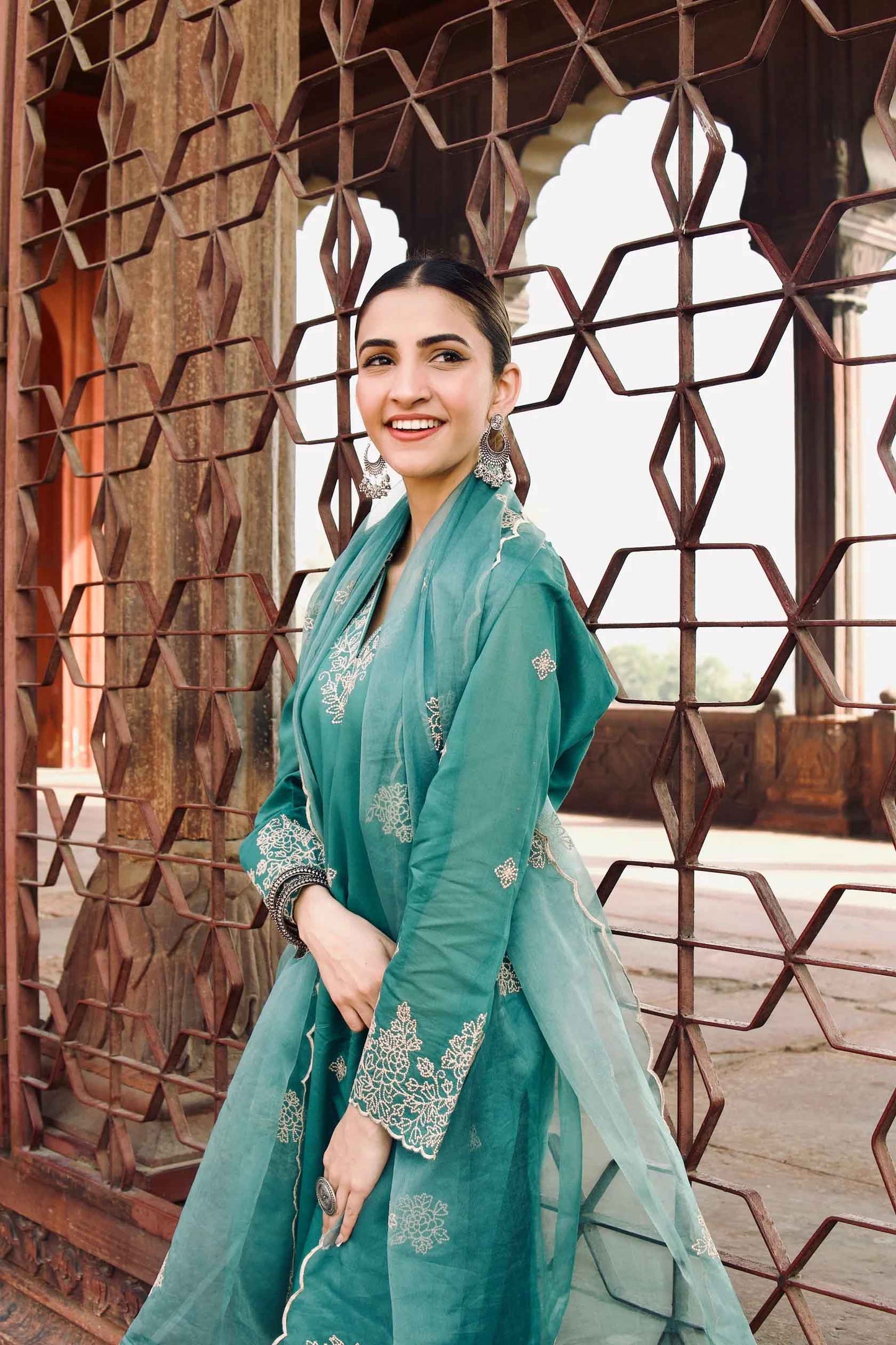 Rama Embroidered Straight Kurta Pent With Dupatta Set