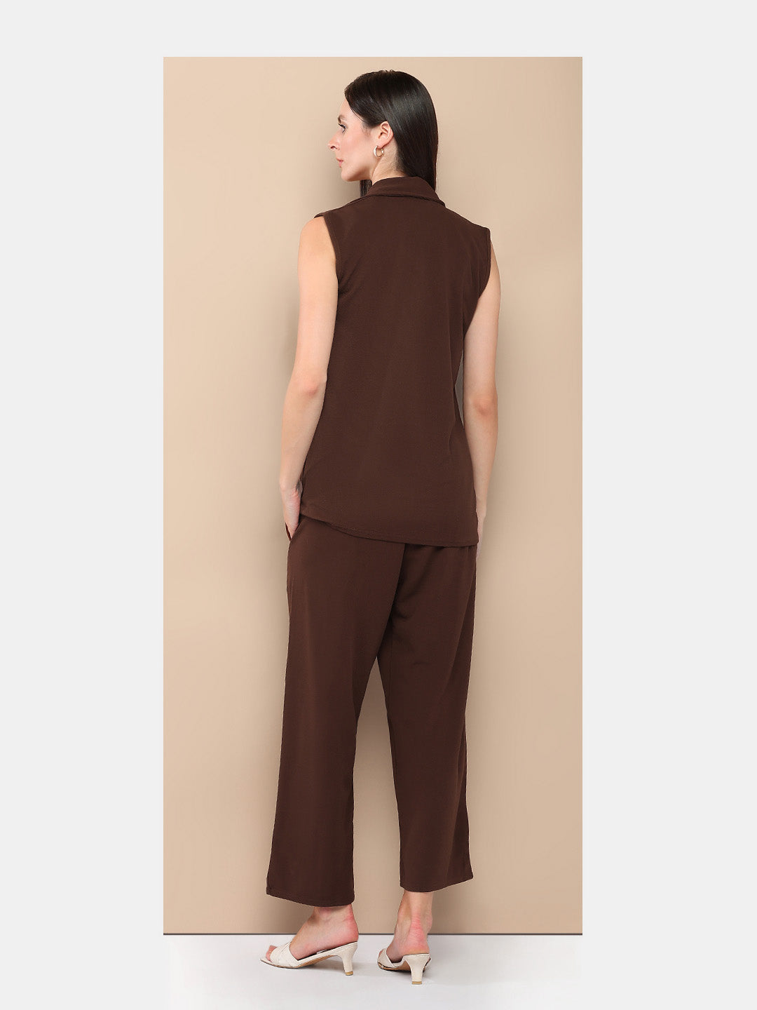 Women’s Solid Brown 3-Piece Co-ord Set – Sleeveless Vest, Crop Top & Pants