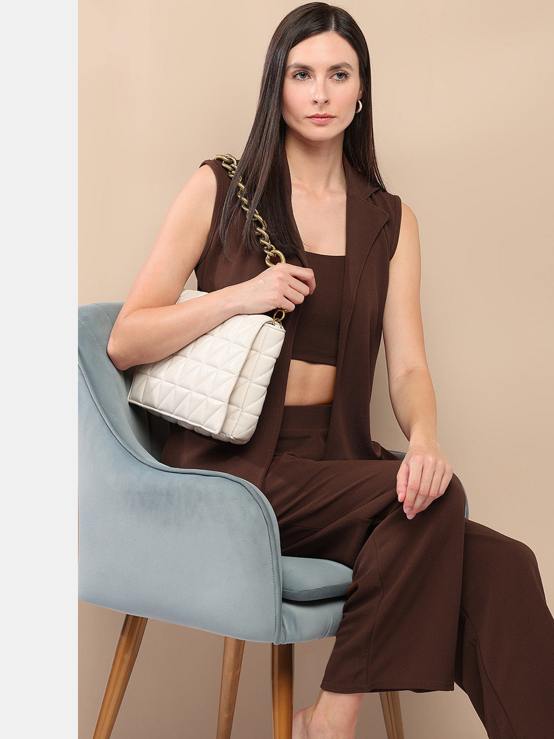 Women’s Solid Brown 3-Piece Co-ord Set – Sleeveless Vest, Crop Top & Pants