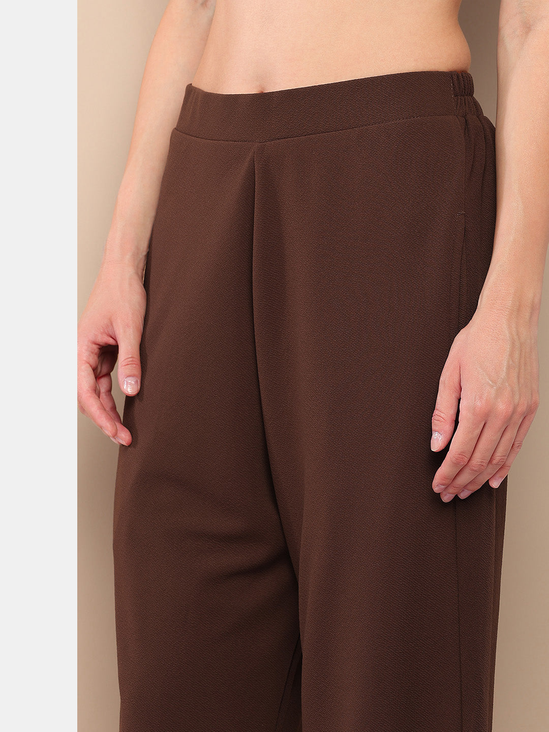 Women’s Solid Brown 3-Piece Co-ord Set – Sleeveless Vest, Crop Top & Pants