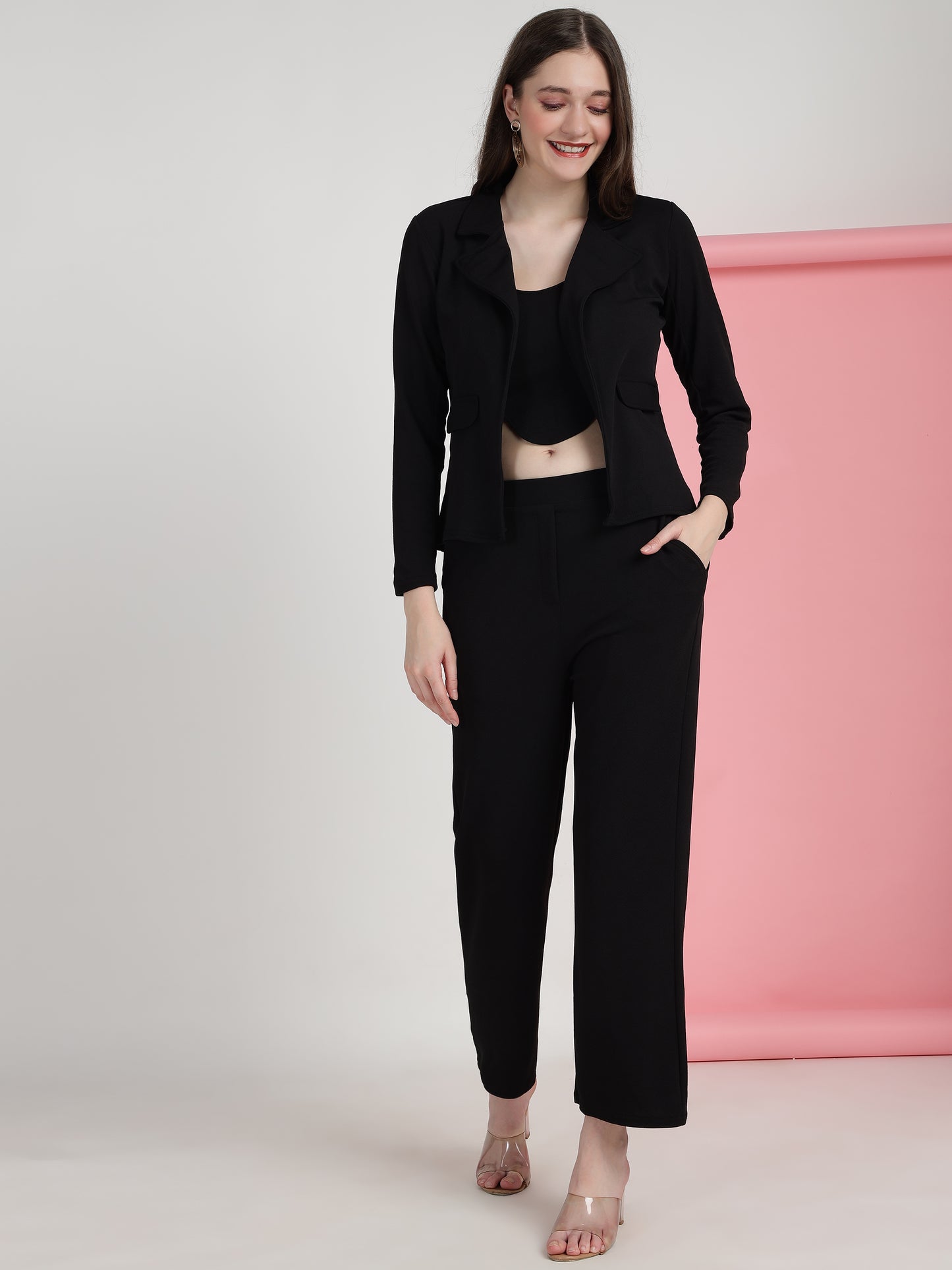 Women's Solid Black Co-ord Set - Blazer, Crop Top & Pant