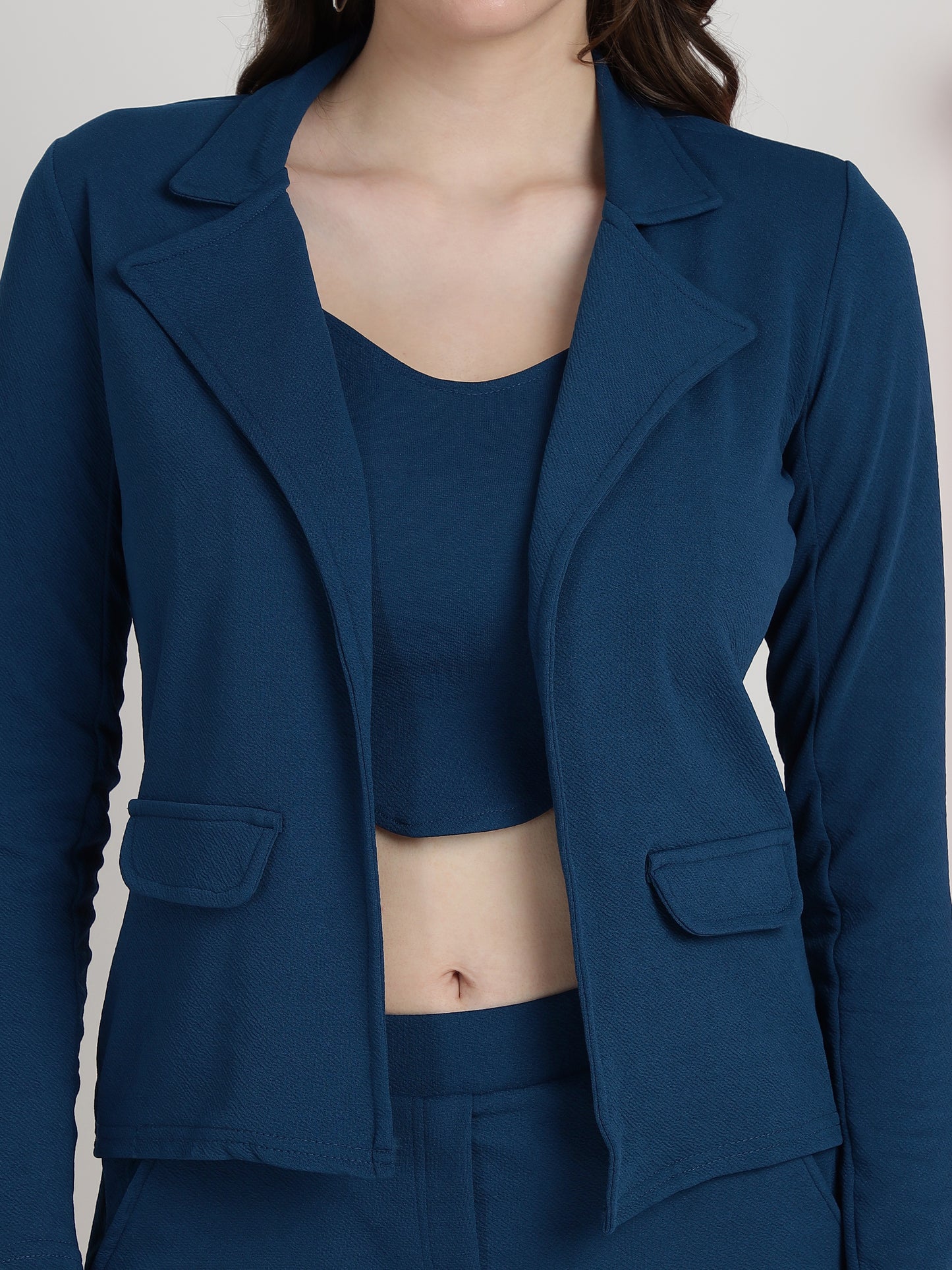 Women's Solid Rama Co-ord Set - Blazer, Crop Top & Pant