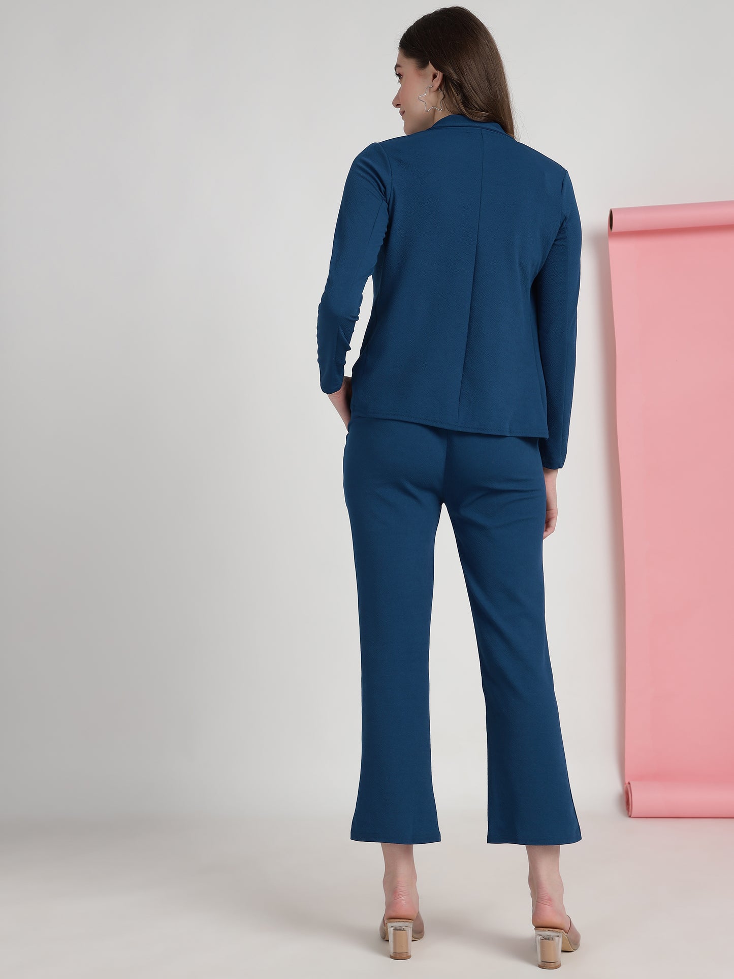 Women's Solid Rama Co-ord Set - Blazer, Crop Top & Pant