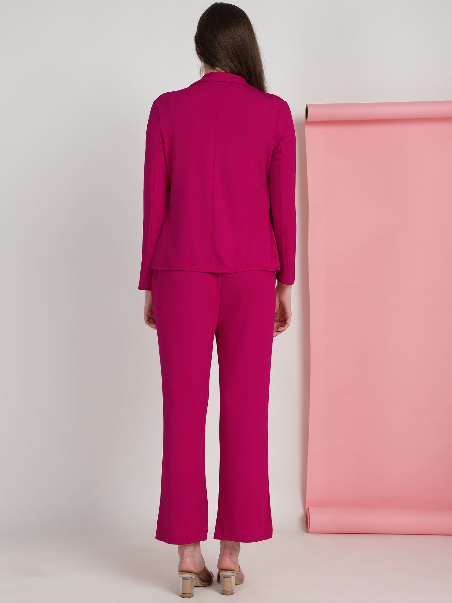 Women's Solid Pink Co-ord Set - Blazer, Crop Top & Pant
