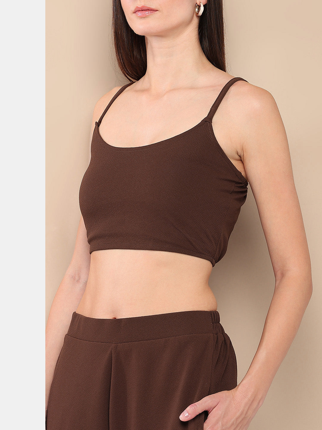 Women’s Solid Brown 3-Piece Co-ord Set – Sleeveless Vest, Crop Top & Pants