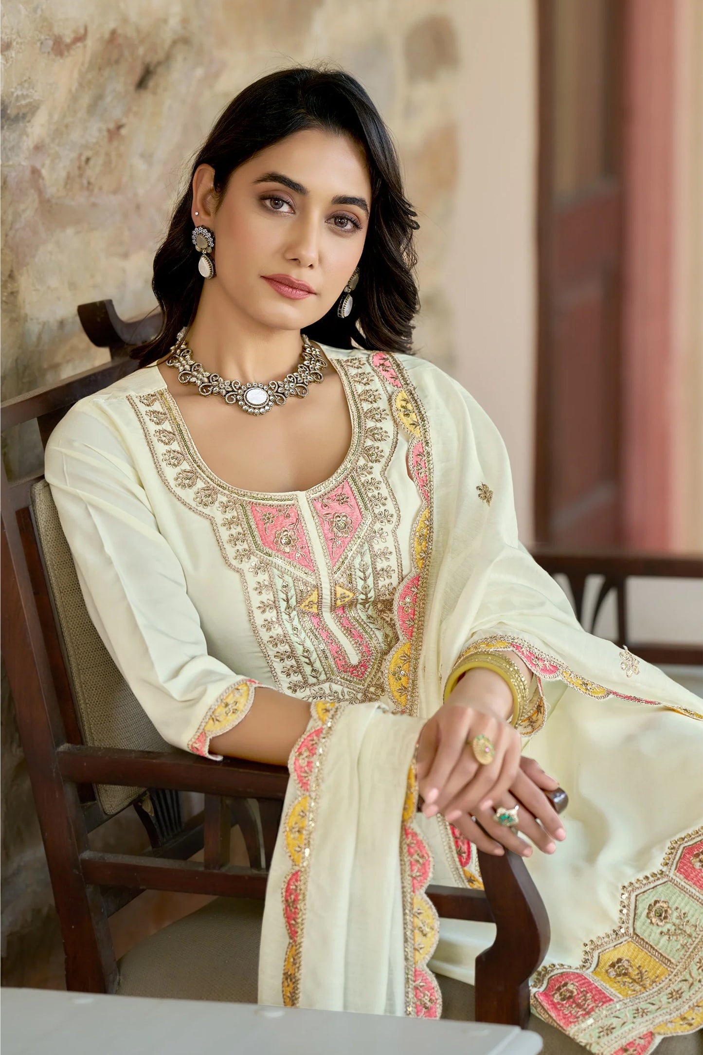 Women Embroidered Pure Vicose Chanderi Kurta Set With Dupatta