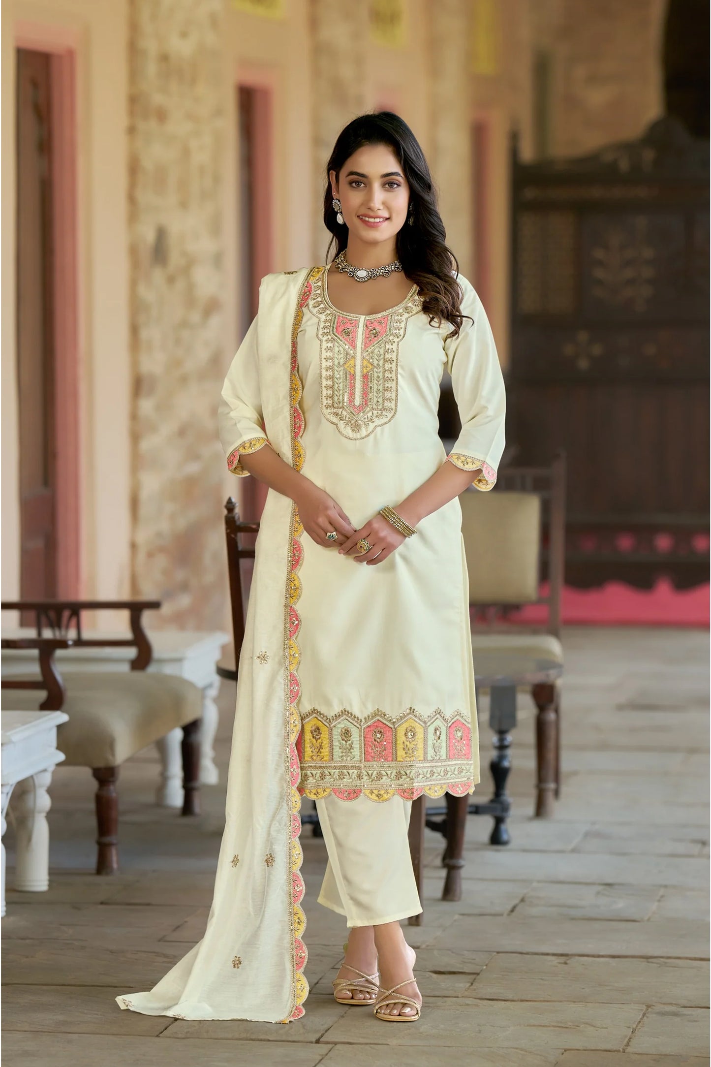 Women Embroidered Pure Vicose Chanderi Kurta Set With Dupatta