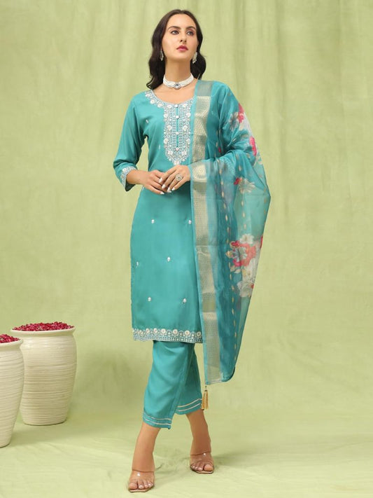 Sky Blue Embroidered Straight Kurta & Trousers With Dupatta