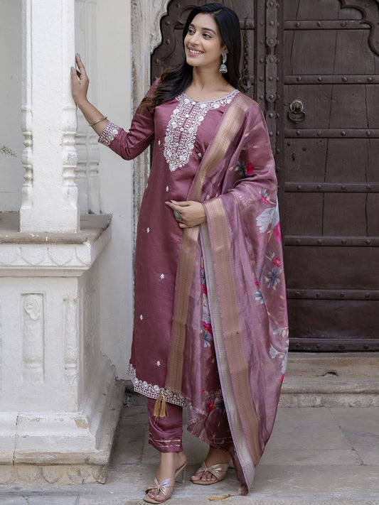 Purple Embroidered Straight Kurta & Trousers With Dupatta