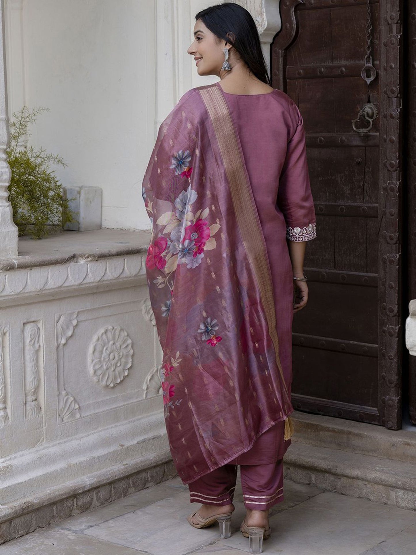 Purple Embroidered Straight Kurta & Trousers With Dupatta