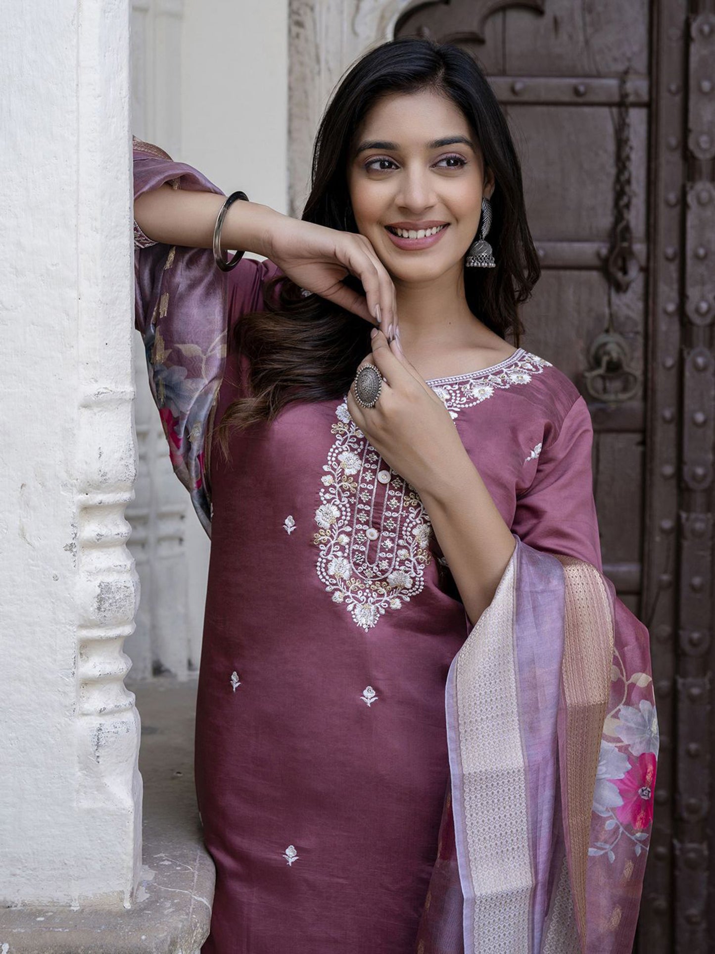 Purple Embroidered Straight Kurta & Trousers With Dupatta