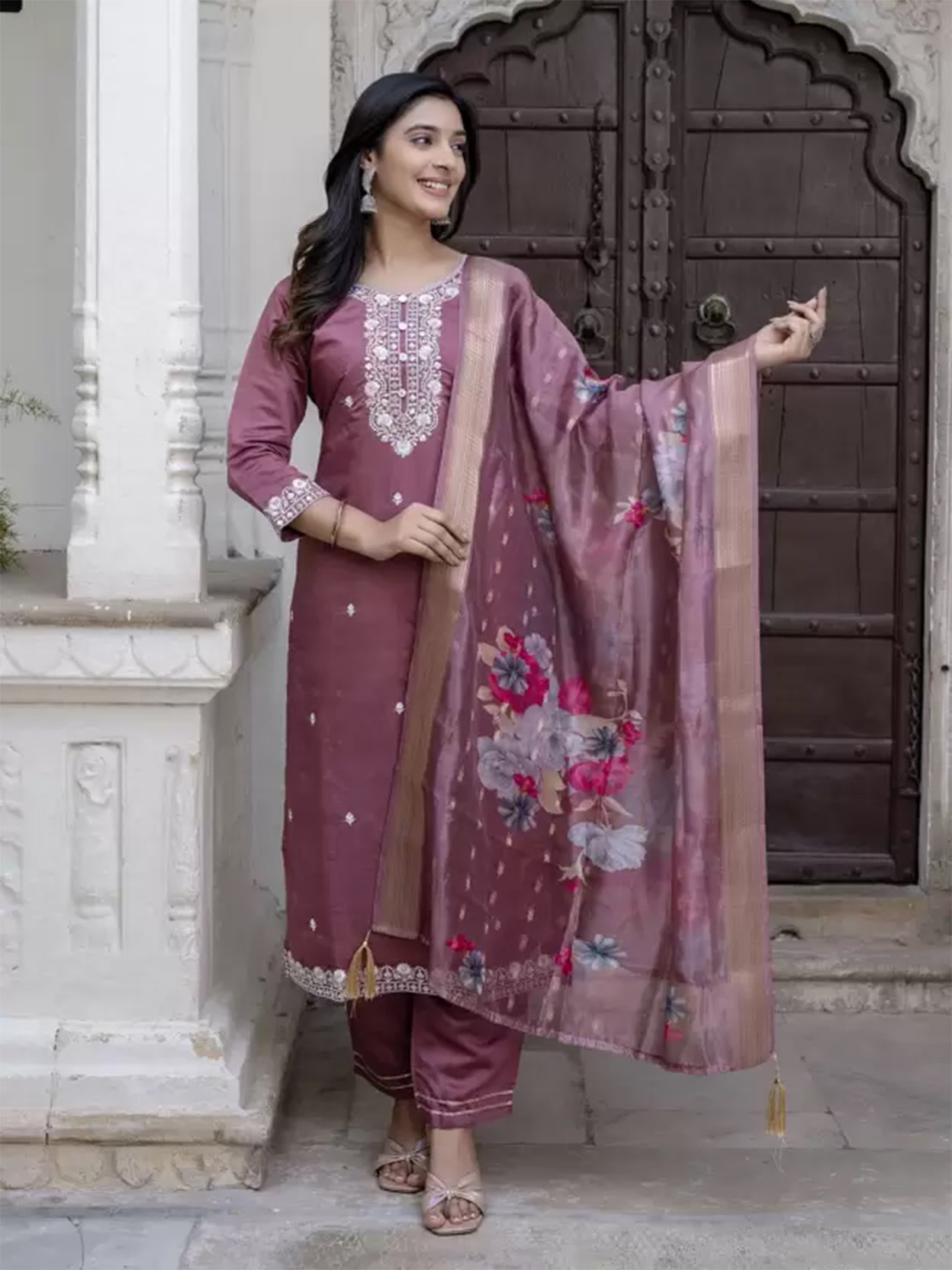 Purple Embroidered Straight Kurta & Trousers With Dupatta