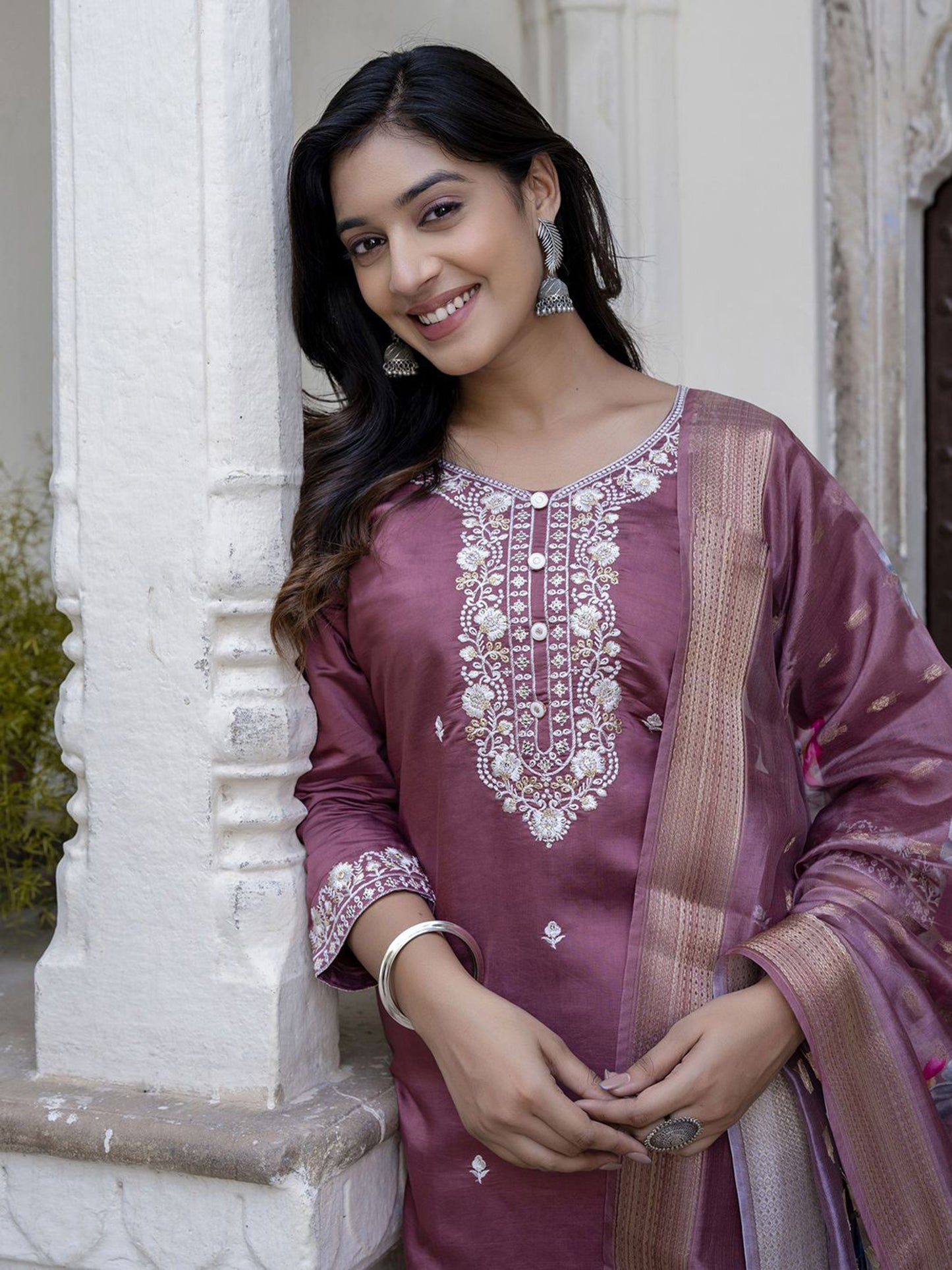 Purple Embroidered Straight Kurta & Trousers With Dupatta