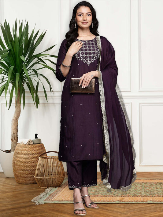 Wine Embroidered Straight Kurta Paired With Bottom And Dupatta