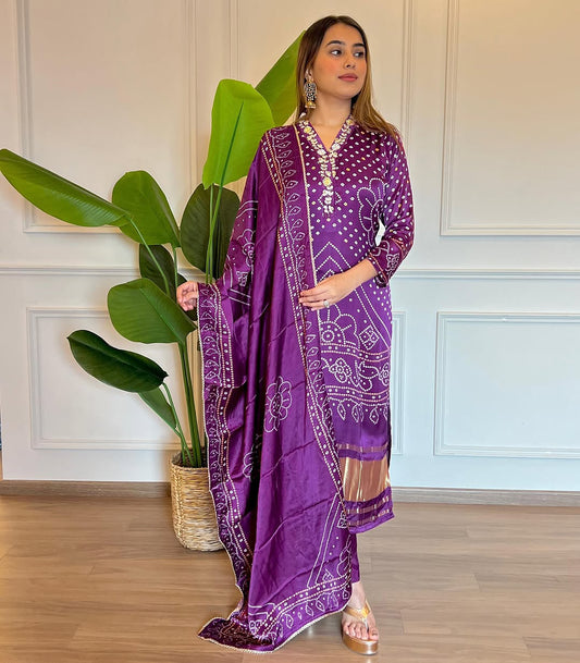 Women Bandhni Printed Kurta With Trousers & Dupatta
