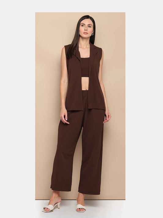 Women’s Solid Brown 3-Piece Co-ord Set – Sleeveless Vest, Crop Top & Pants