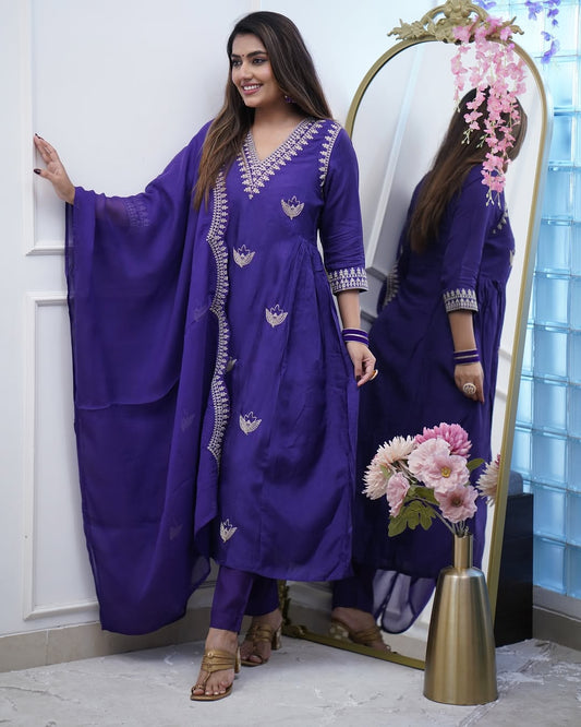 Women Embroidered Regular Kurta With Trousers & With Dupatta