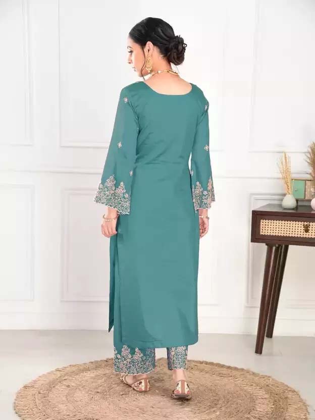 Rama Embroidered Straight Kurta Pent With Dupatta Set