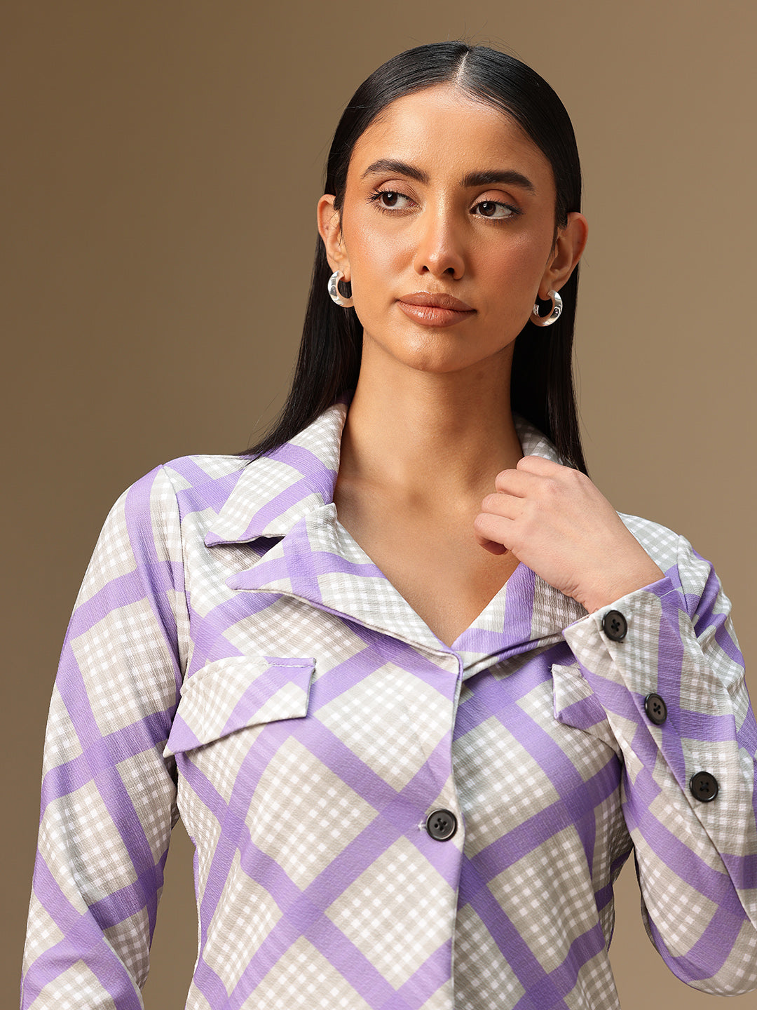 Women’s Purple Checkered Co-ord Set – Blazer Style Dress