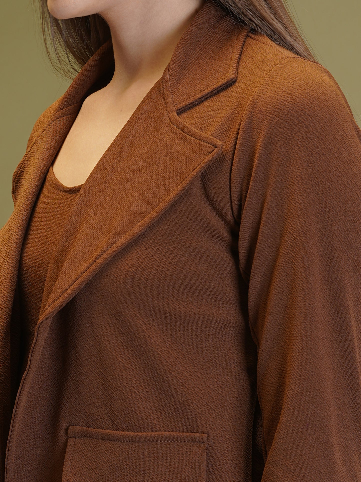 Women's Solid Coffee Color Co-ord Set - Blazer, Crop Top & Pant