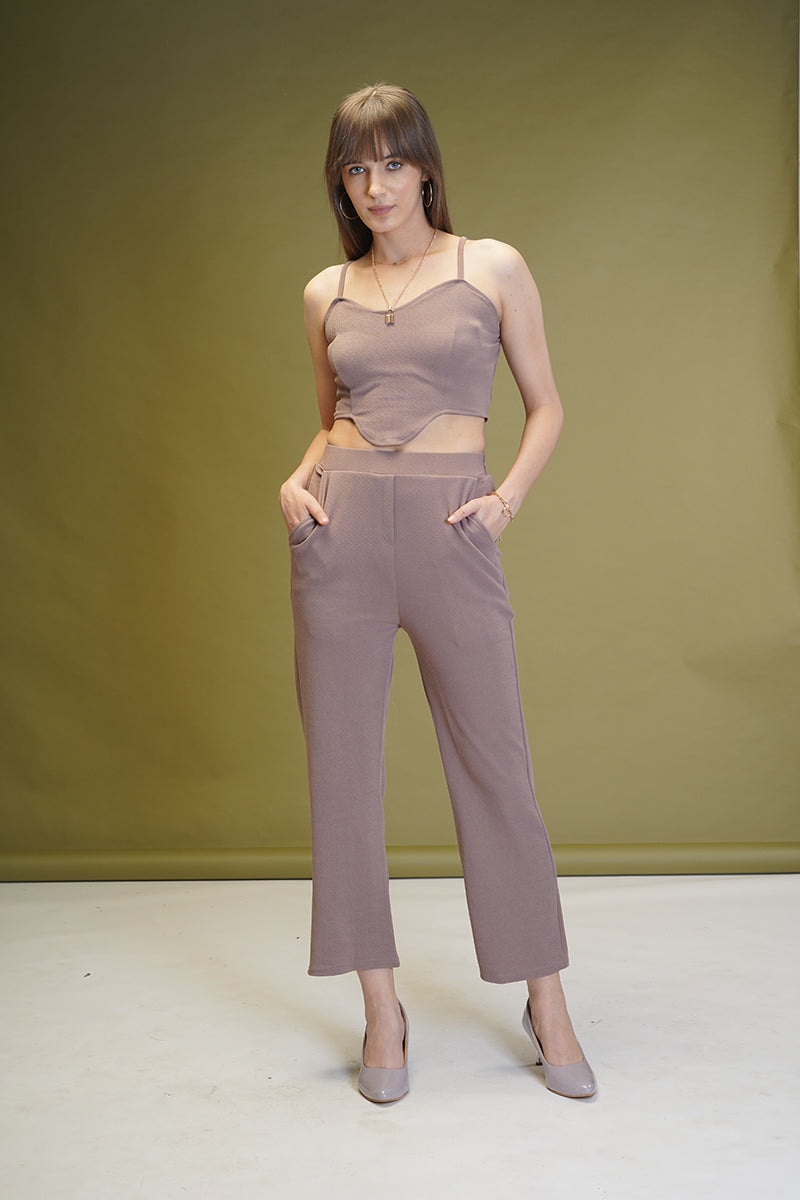 Women's Solid Chocolate Color Co-ord Set - Blazer, Crop Top & Pant