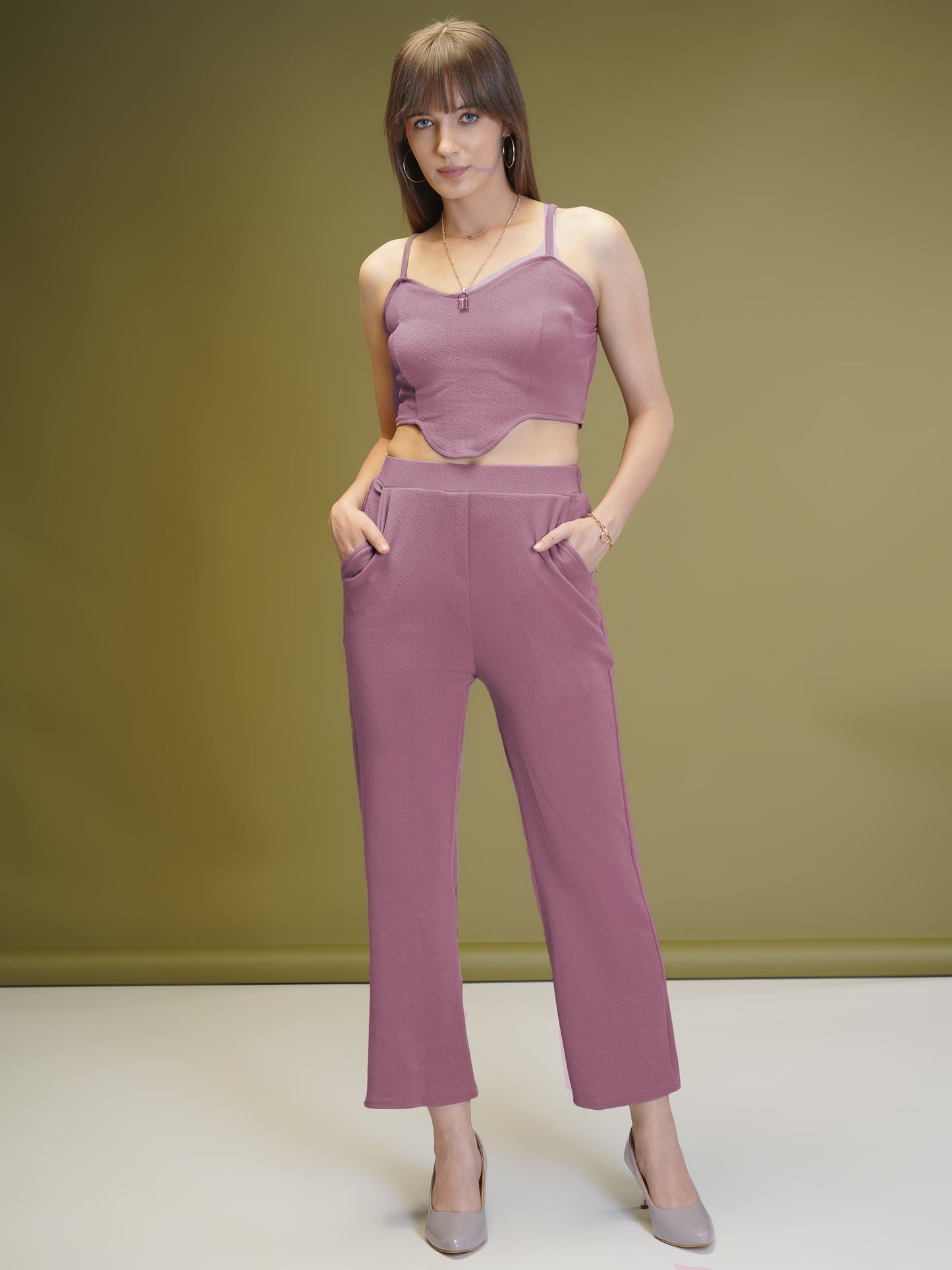 Women's Solid Onion Color Co-ord Set - Blazer, Crop Top & Pant
