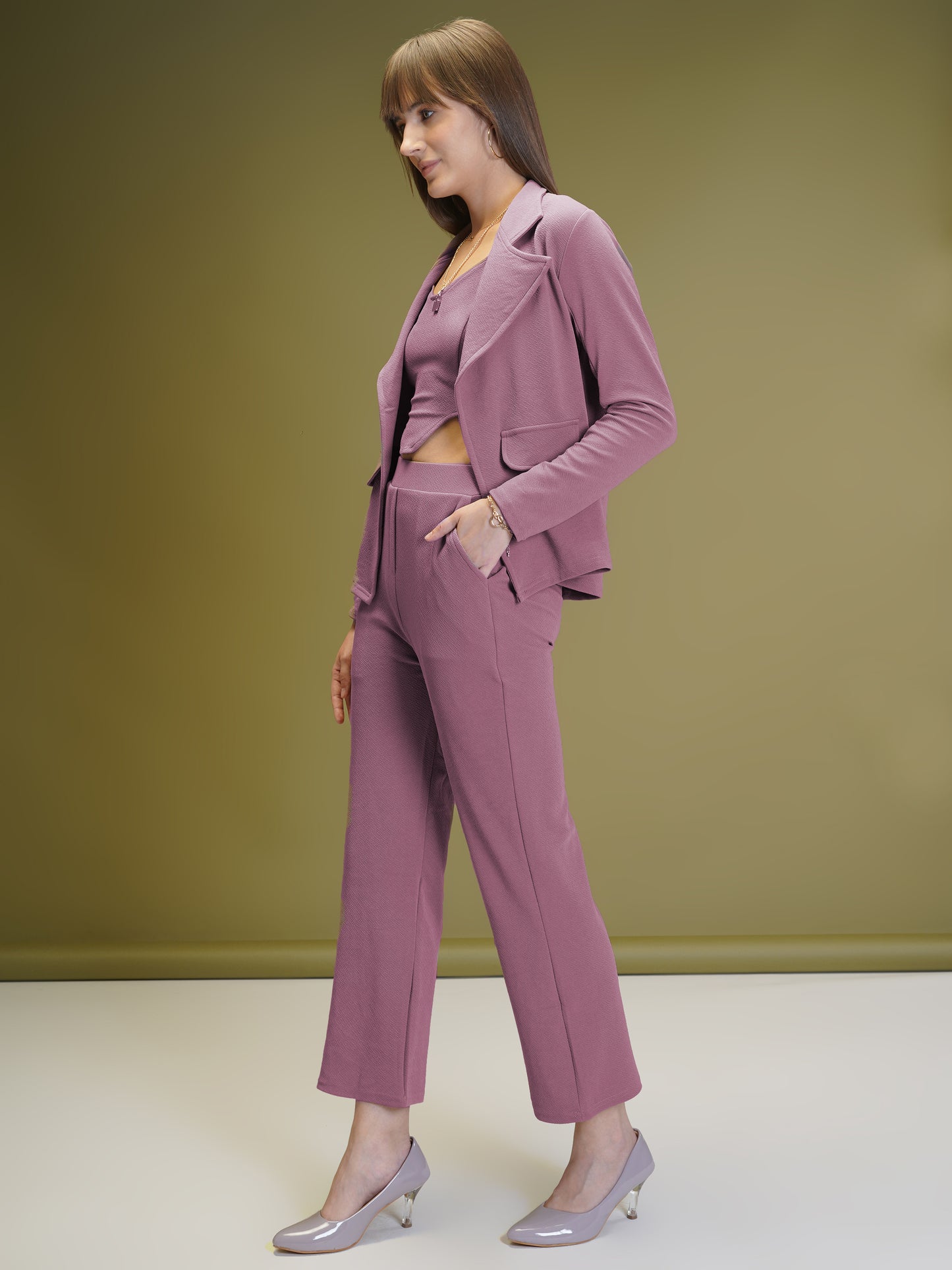 Women's Solid Onion Color Co-ord Set - Blazer, Crop Top & Pant