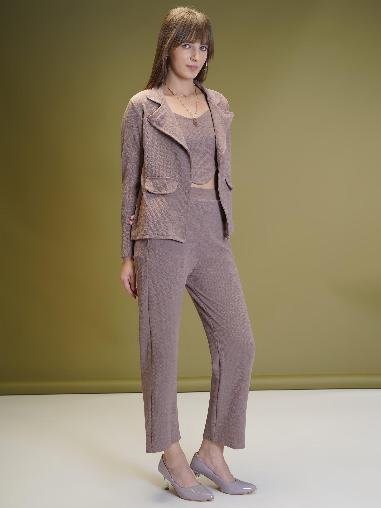 Women's Solid Chocolate Color Co-ord Set - Blazer, Crop Top & Pant