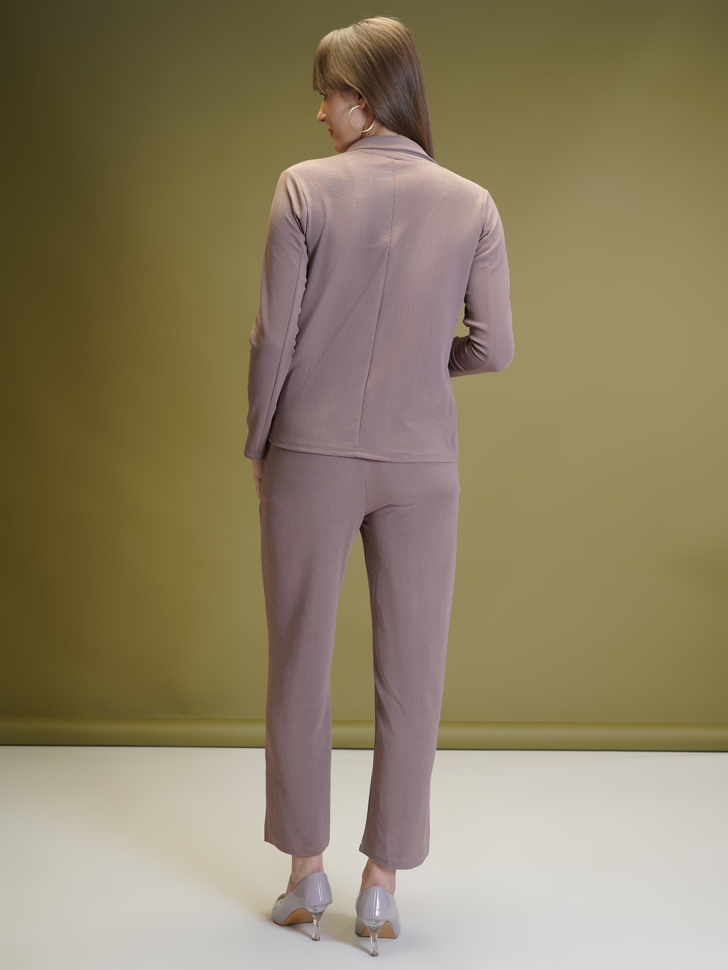 Women's Solid Chocolate Color Co-ord Set - Blazer, Crop Top & Pant