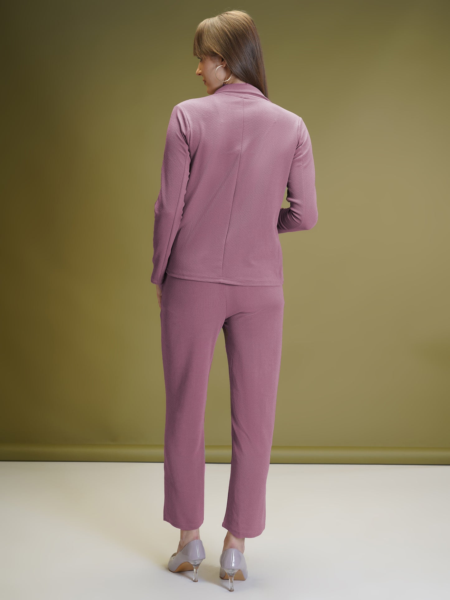 Women's Solid Onion Color Co-ord Set - Blazer, Crop Top & Pant