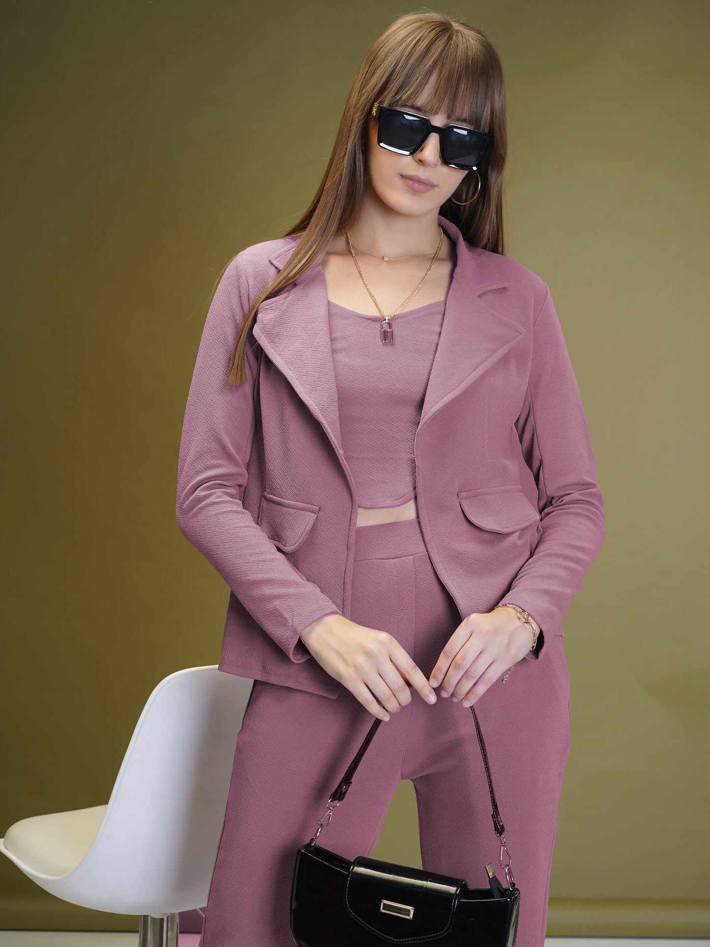 Women's Solid Onion Color Co-ord Set - Blazer, Crop Top & Pant