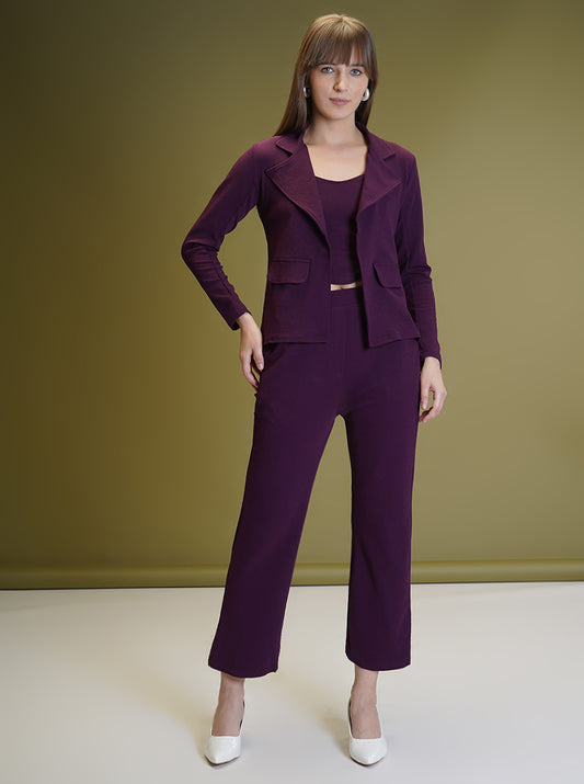 Women's Solid Purple Co-ord Set - Blazer, Crop Top & Pant