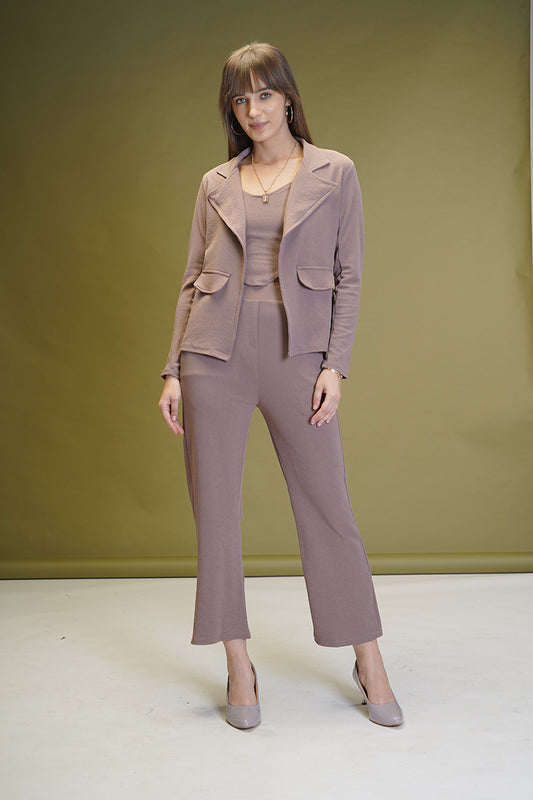 Women's Solid Chocolate Color Co-ord Set - Blazer, Crop Top & Pant
