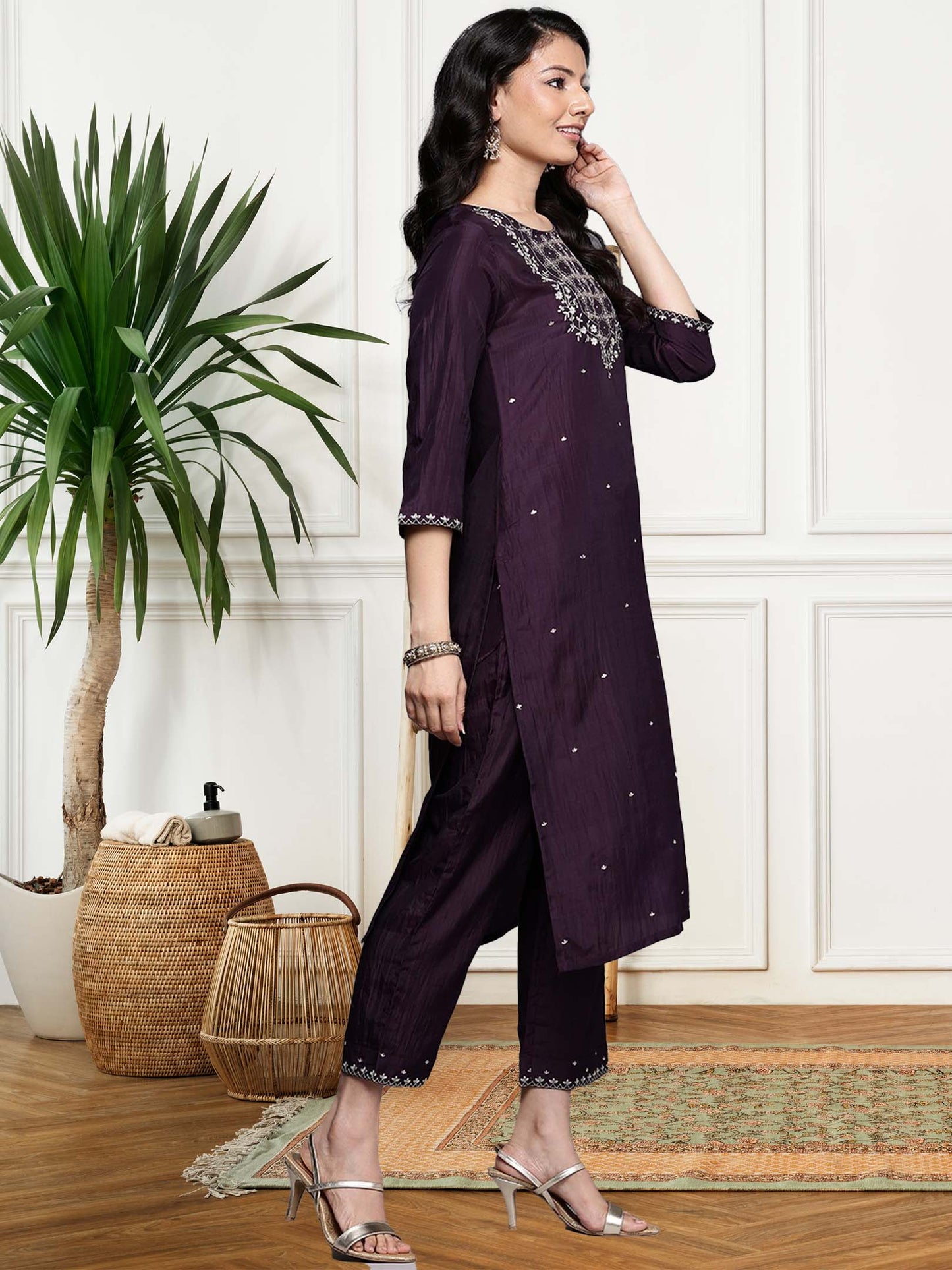 Wine Embroidered Straight Kurta Paired With Bottom And Dupatta