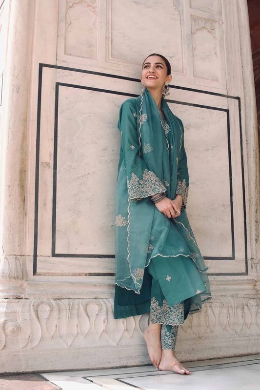 Rama Embroidered Straight Kurta Pent With Dupatta Set