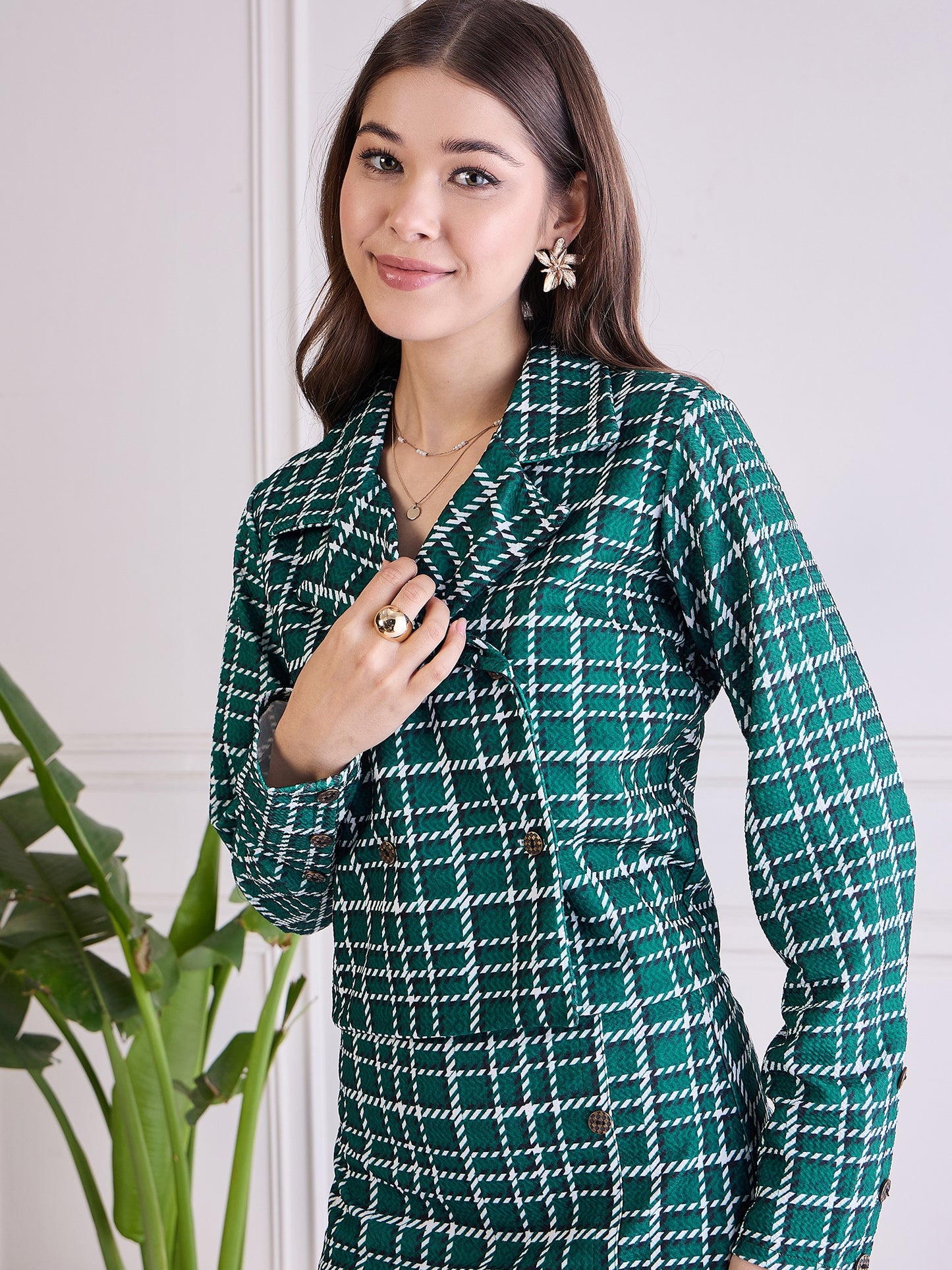 Women’s Green&White Checkered Co-ord Set – Stylish Top & Skirt