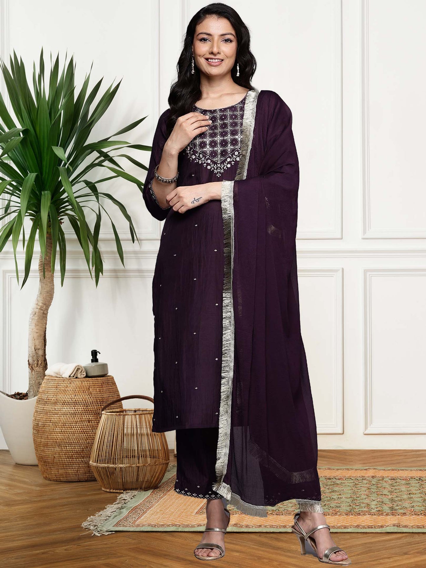 Wine Embroidered Straight Kurta Paired With Bottom And Dupatta